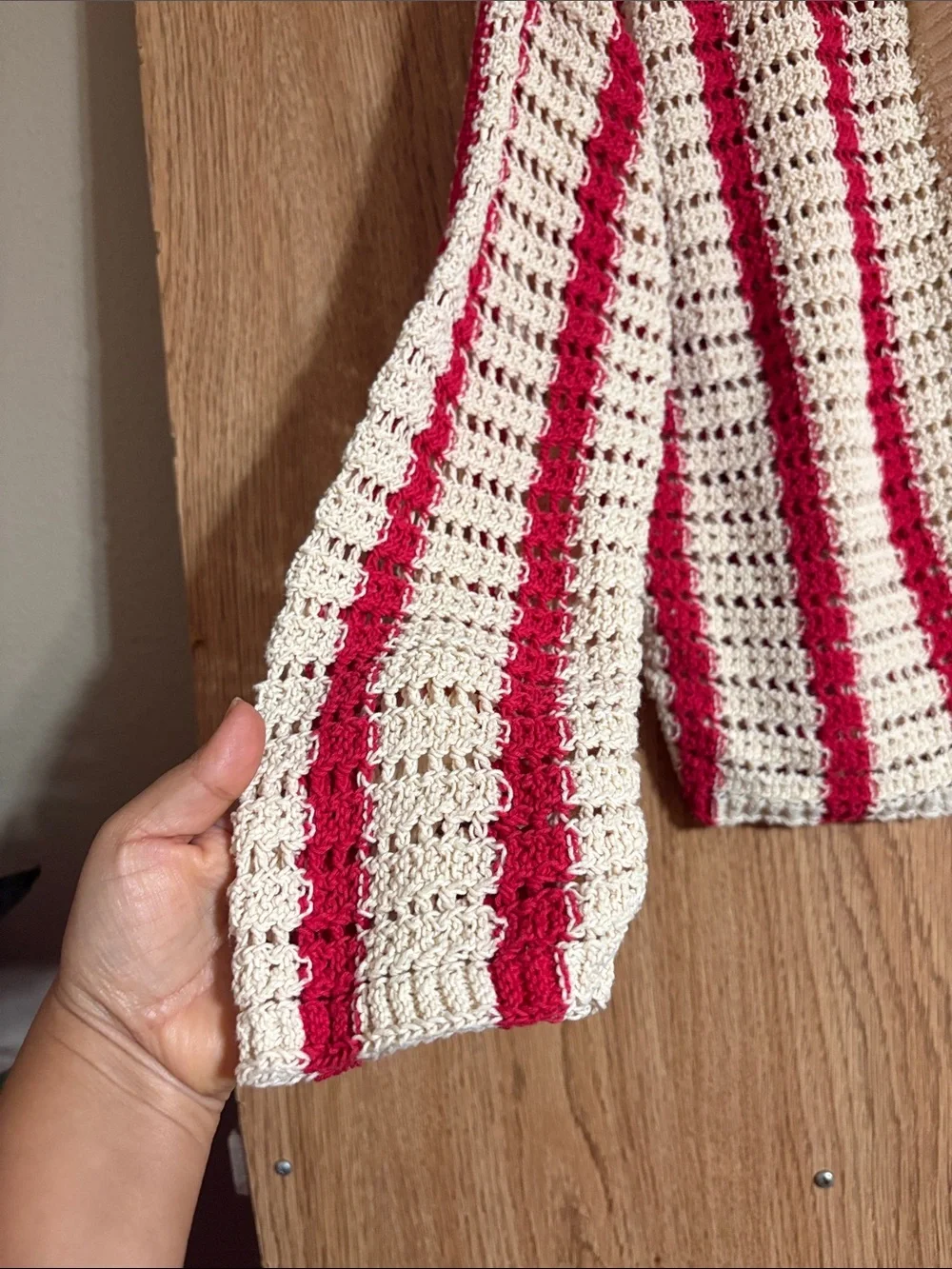 Zara Cream and Red Open Knit Cardigan